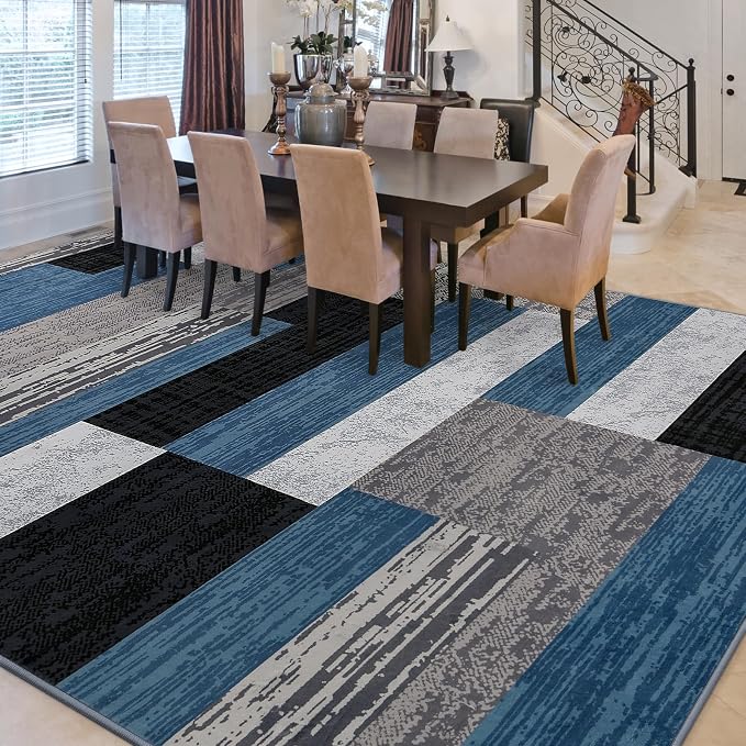 FlyDOIT Modern Geometric Patchwork Area Rug, 9x12 Blue Large Rugs for Living Room, Rockwood Collection Indoor Rugs for Bedroom, Throw Carpet Floor Decor for Entryway Dining Room Office Nursery