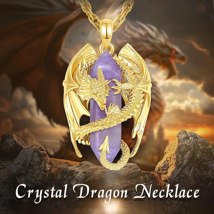 INFUSEU Unique Dragon Necklaces with Healing Crystal Stone for Men Women, Personalized Spiritual Gifts, 24 Inch Chain