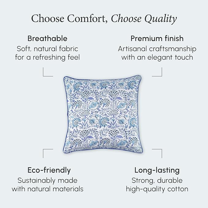 CPC 100% Cotton Throw Pillow Covers 18x18 Inch, Set of 2 Blue Block Print Pattern Couch Pillow, Cute Boho Decorative Pillows for Living Room, Bedroom with Hidden Zipper- Indigo Blue