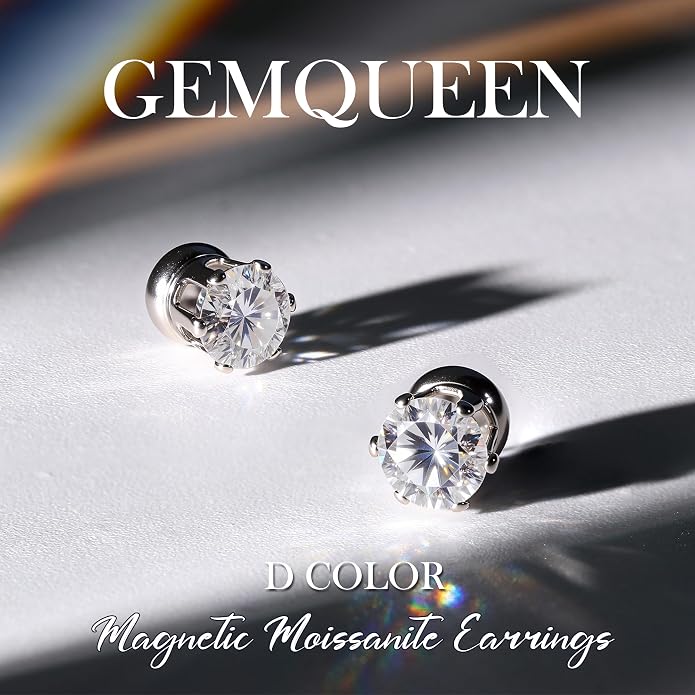 GEMQUEEN Moissanite Magnetic Earrings for Men Women : 18K White Gold Plated Hypoallergenic Stainless Steel Non Piercing Clip on Fake Earrings Studs Dainty Moissanite Earring Jewelry D Color VVS1