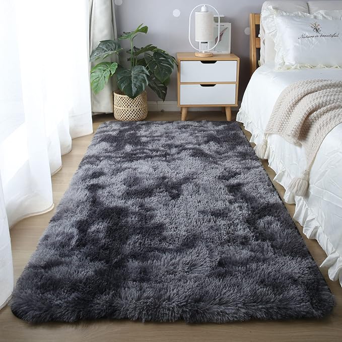 CAIYUECS Shag Area Rug,Indoor Ultra Soft Fluffy Plush Rugs for Bedroom Living Room, Non-Skid Modern Nursery Faux Fur Rugs for Kids Room Home Decor (Tie-Dyed Dark Gray, 4x6 Feet) | Ultra Soft Shag Microfiber Memory Foam Cushioning For Cloud-Like Barefoo...