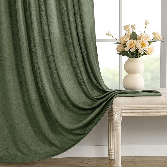 MIULEE Non-See-Through Privacy Linen Curtains 52Wx108L Inch Dark Green | 2 Panels, Light Filtering, Semi Sheer Window Curtains, Farmhouse Textured, Back Tab Drapes for Bedroom Living Room