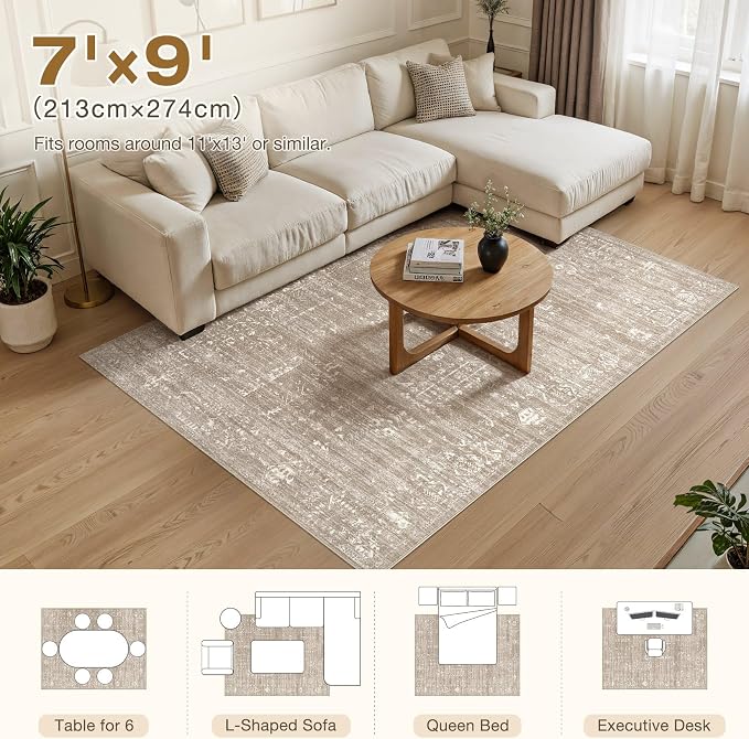 Area Rug for Living Room - 7x9 Soft Washable Oriental Vintage Floral Distressed Large Carpet - Fade Stain Resistant Non Slip Rugs for Bedroom Dining Room Nursery Dorm Office Home Decor - Camel
