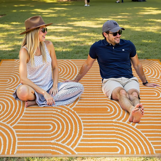 Anidaroel Rainbow Patio Rugs Outdoor 8’X10’ Waterproof, Reversible Camping Rug for Outside RV, Portable Plastic Straw Outdoor Area Rug for Backyard, Garden, Pool Deck (Orange, 8‘X10')