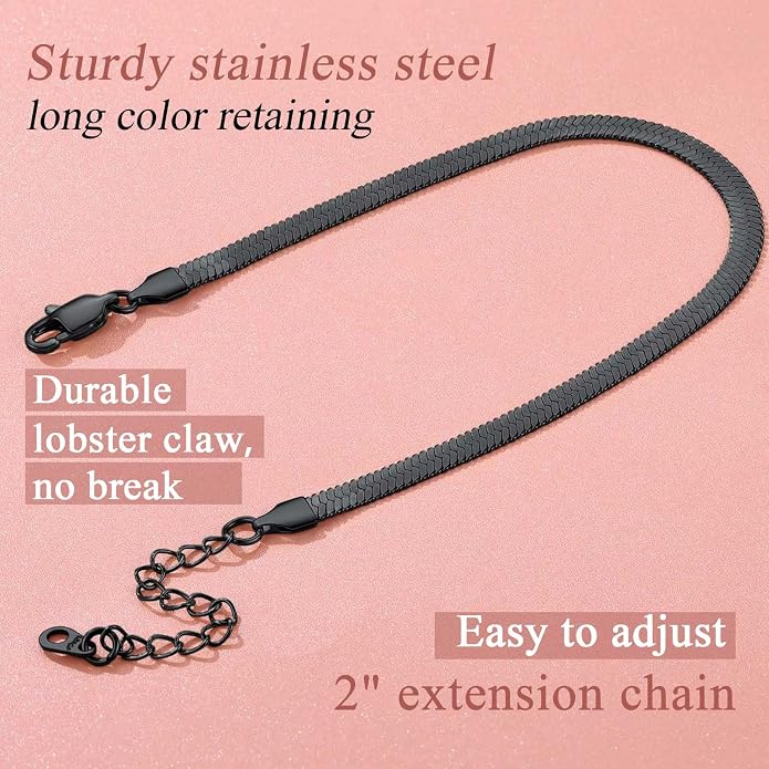 FindChic Elegant Herringbone Snake Chain Anklets/Bracelets 3MM/5MM Width Stainless Steel/18K Gold/Rose Gold Plated/Black 4 Color Options, 8.3'' 8.5'' 10.5'' Length, with Gift Box
