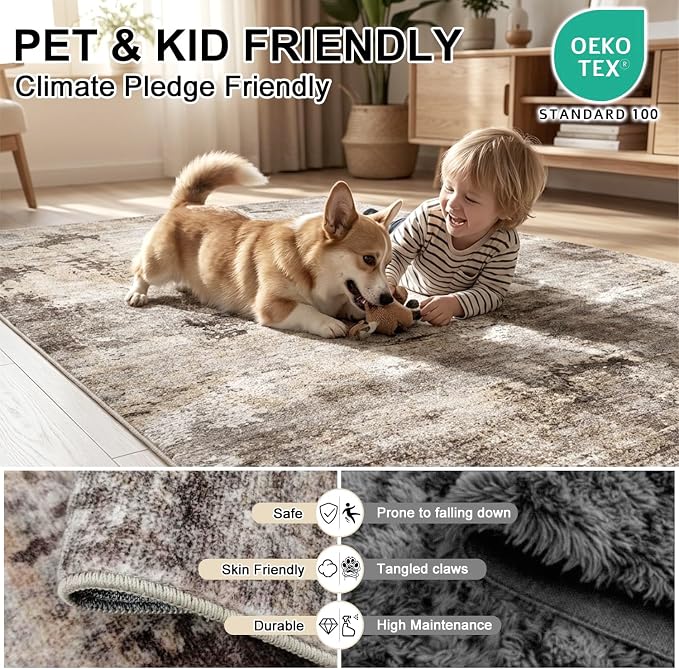 Stain Resistant Modern Abstract Area Rug, Distressed Faux Wool, 0.3" Low Pile, Non-Slip Cotton-Backed with Silicone Backing, for Kitchen Bedroom Laundry Room, 3'x5', Neutral Taupe