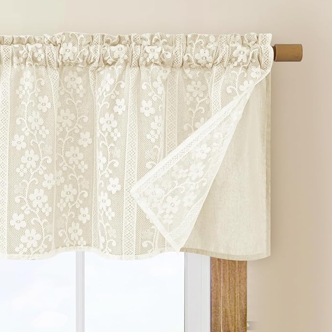 ASPMIZ Linen Valances for Windows Double Layers Valance Curtains Farmhouse Kitchen Curtains with Lace, Short Rustic Curtain for Bathroom Window, Kitchen, Cafe, 52 x 18 Inch Rod Pocket 1 Panel, Beige