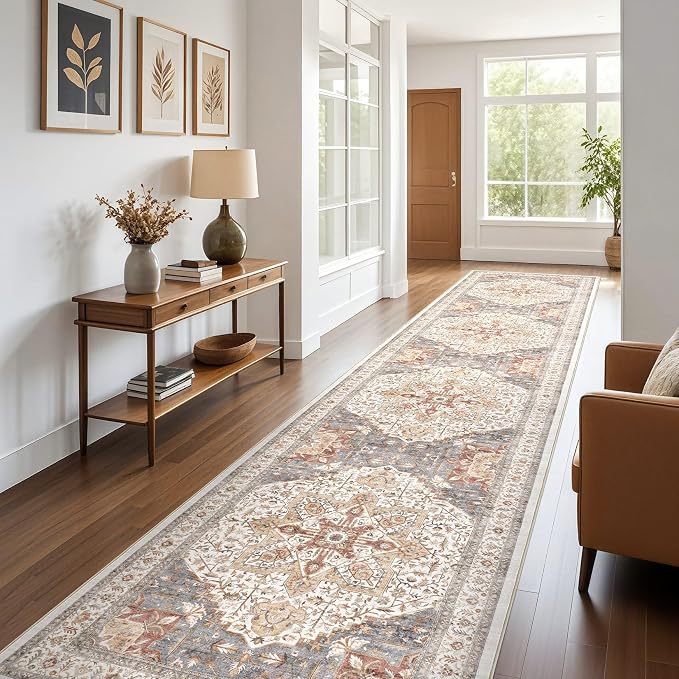 Tortania Area Rug 3x8 Runner Rugs - Washable Vintage Oriental Farmhouse Thin Indoor Carpet for Living Room Bedroom Hallway Entryway Kitchen Under Dining Table Home Office - Orange Multi