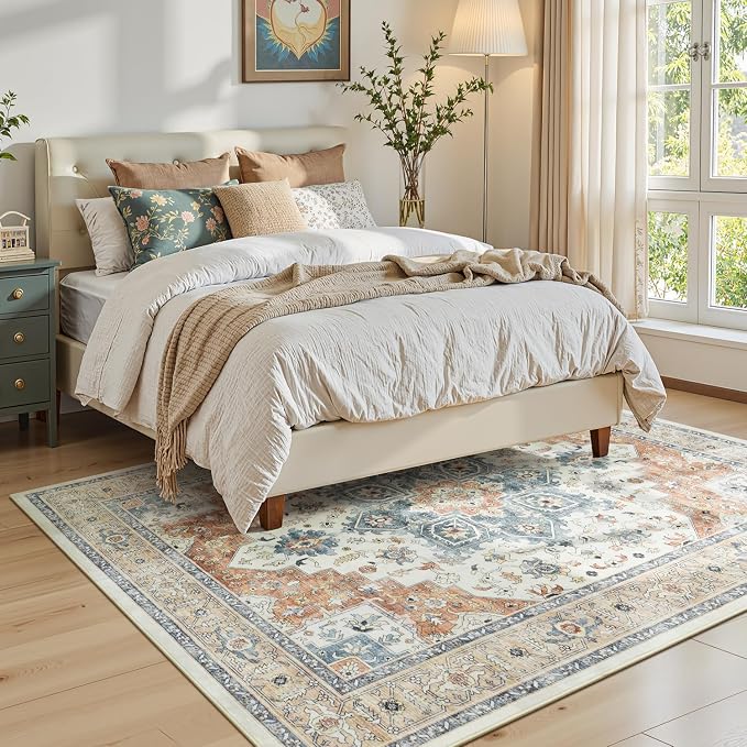 5x7 Bedroom Rug - Boho Aesthetic Floral Beige and Orange, Washable Low Pile Non-Slip Carpet, Stain Resistant Area Rugs for Under Bed, Large Entryway, Kitchen, Playroom, Bed Room, Living Room