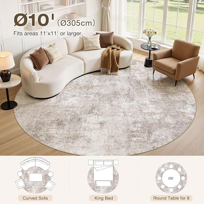 10ft Round Area Rugs for Living Room, 10x10 Washable Non Slip Soft Large Rugs for Bedroom Dining Room, Modern Abstract Low Pile Stain Resistant Carpet for Laundry Office Home Decor - Brown