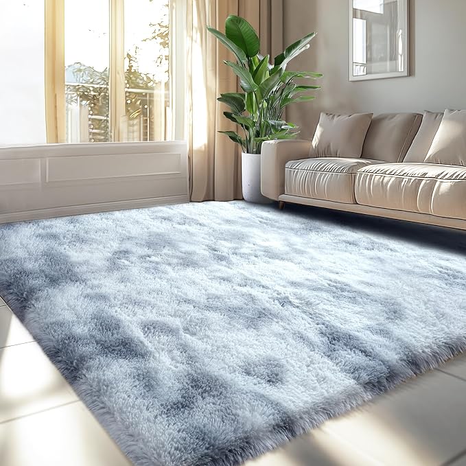 Fluffy Area Rug for Living Room: 6x9 Shag Rugs for Living Room- 6x9 Feet Fluffy Rugs- Shag Tie-Dyed Light Grey Rugs Soft Fuzzy Carpets for Bedroom, Nursery (Tie-Dyed Light Grey,6x9)