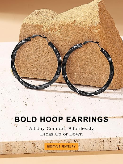 Bestyle 5mm Thick Gold Hoop Earrings Hypoallergenic Hoops for Sensitive Ears Trendy Lightweight Chunky Earrings for Women 30/40/60/80mm