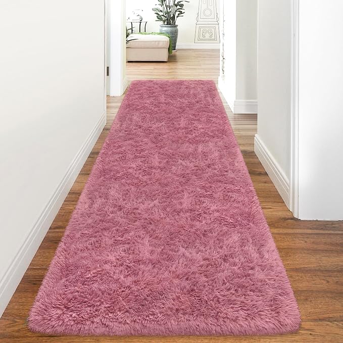 Soft Runner Rug for Bedroom Living Room, 3x10 ft Fluffy Blush Pink Rug for Bedroom Girls Room, Washable Girls Fuzzy Rugs for Kids Room Bedside Nursery Dorm Pink Shag Carpet Runner for Hallway