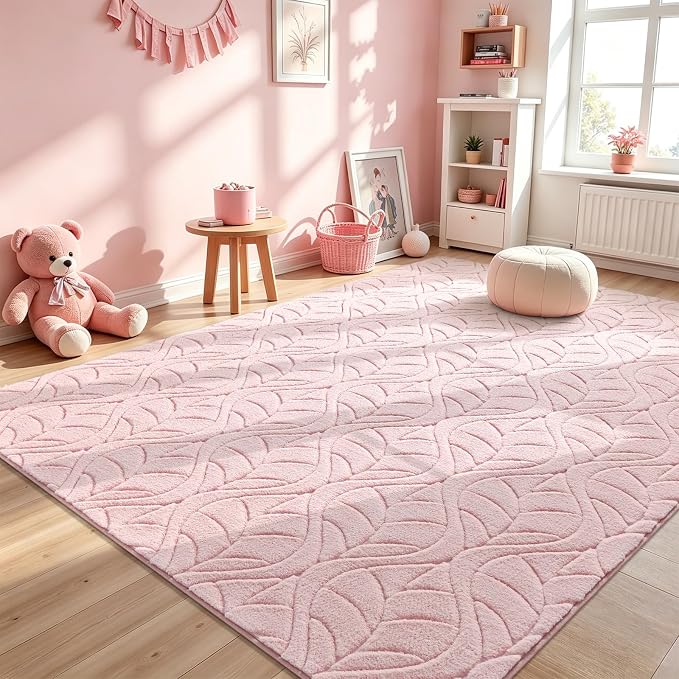 Macgace Ultra Soft Area Rug for Living Room, 5x7 Pink Geometric Shag Rugs | Washable Non-Slip Backing Medium Pile Modren Fuzzy Carpet for Kids Room, Girls Bedroom, Classroom, Dorm