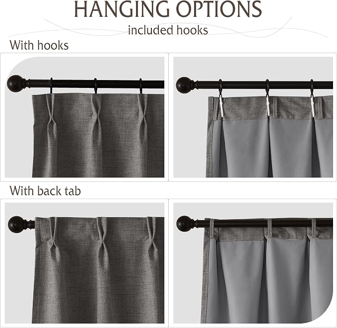 RYB HOME Pinch Pleated Back Tab Curtains Linen Textured 100% Blackout Curtains Thermal Insulated for Bedroom Living Room Bay Window Drapes, W 42 x L 90 inches, Grey, 2 Panels