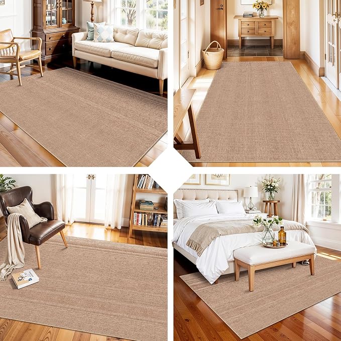 4x6 Jute Area Rug Washable: Non-Slip Indoor Floor Mat for Entryway Kitchen | Thin Low Pile Durable Braided Woven Carpet for Living Room Dining Room Bedroom - Farmhouse Textured Classic Decor (Beige,4x6)