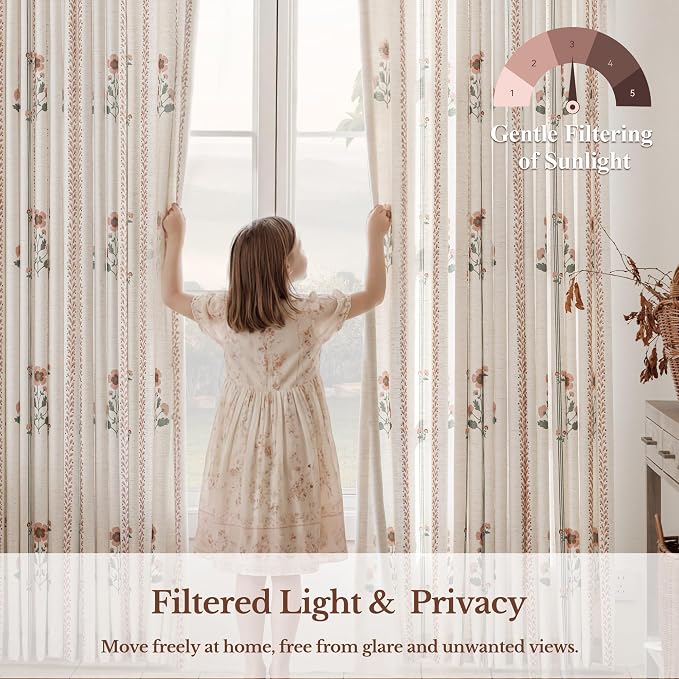 Pinch Pleated Nursery Curtains Luxury Pink Sheer Floral Curtains for Girls Room Bedroom Living Room - 95 Inch Length Modern Farmhouse Floral Printed Drapes with Hooks - 2 Panels Set