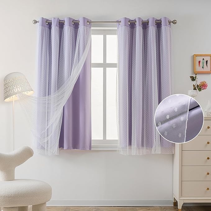 MYSKY HOME Lilac Curtains for Girls Bedroom & Nursery Kids Blackout Short Curtains for Small Windows 54 Inch Long Double Layer with Polka Dots Sheer, Grommet Tops, 52" Wide, 2 Panels