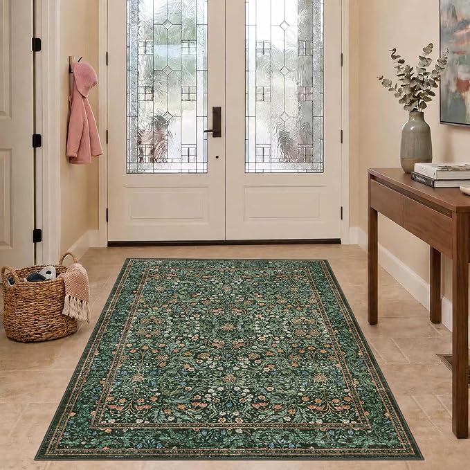 Rugxara Green Floral 3x5 Rug for Entryway Bedroom Washable Area Rugs Carpet