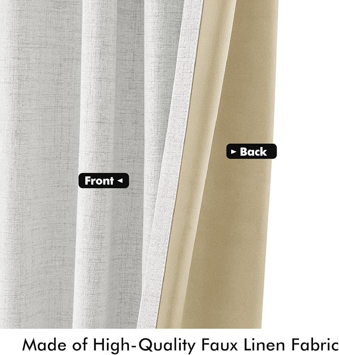 MIULEE 100% Blackout Linen Curtains 42 x 96 Inch Heathered White 2 Panels | Thermal Insulated, Room Darkening Drapes for Bedroom Living Room, Back Tab Rod Pocket Pinch Pleated, Solid Luxury Decor