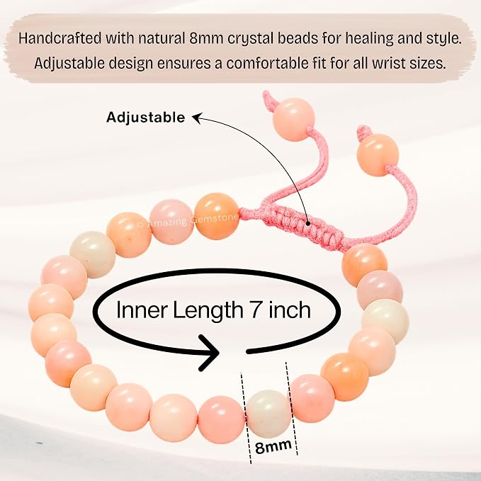 Amazing Gemstone Pink Opal Bracelet, Gifts for Men & Women - Protection Healing Crystal Bracelet - 8mm Gemstone Beaded Adjustable Bracelet, Pulseras para Hombres Mujer Stocking Stuffers