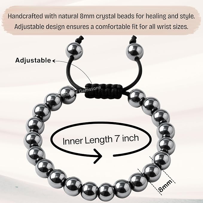Amazing Gemstone Hematite Bracelet, Gifts for Men & Women - Protection Healing Crystal Bracelet - 8mm Gemstone Beaded Adjustable Bracelet, Pulseras para Hombres Mujer Stocking Stuffers