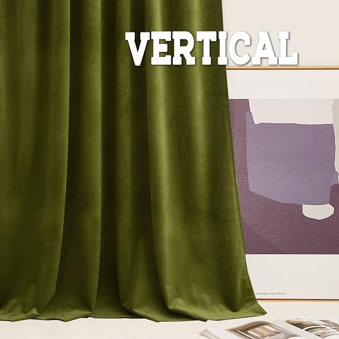 RYB Home Green Velvet Curtains for Bedroom - Soft Farmhouse Window Decor Room Darkening Thermal Insulating Drapes for Living Room Dining Home Office, Width 62 x Length 96 inch, Moss Green, 1 Pair