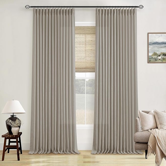 Pinch Pleated Linen Curtains 100 Inches Long for Living Room 2 Panels Set Greyish Beige Flax Double Pleated Drapes Back Tab Farmhouse Ceiling Floor 100 Inch Window Curtains Bedroom Burlywood Birch