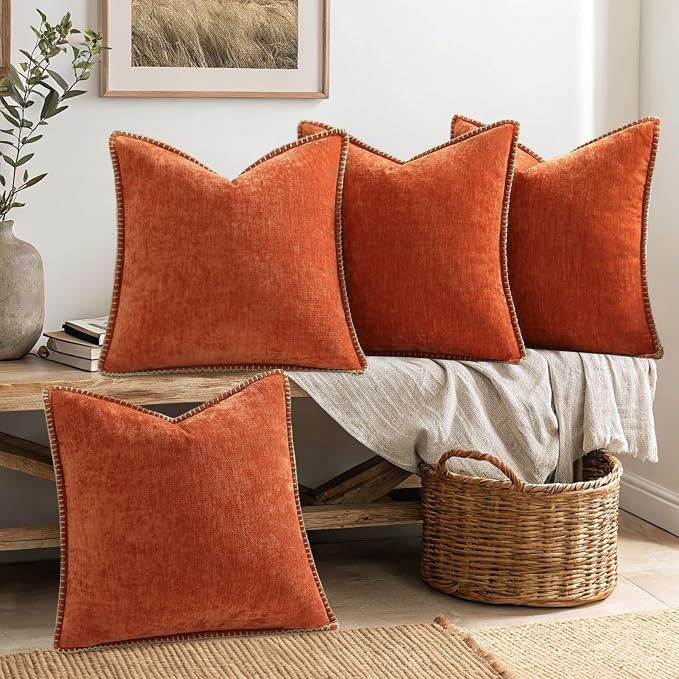 decorUhome Fall Soft Decorative Chenille Throw Pillow Covers 20x20 Set of 4 | Burnt Orange Decorative Modern Farmhouse Neutral Pillow Cases with Stitched Edge for Couch Sofa Bed Living Room Home Decor
