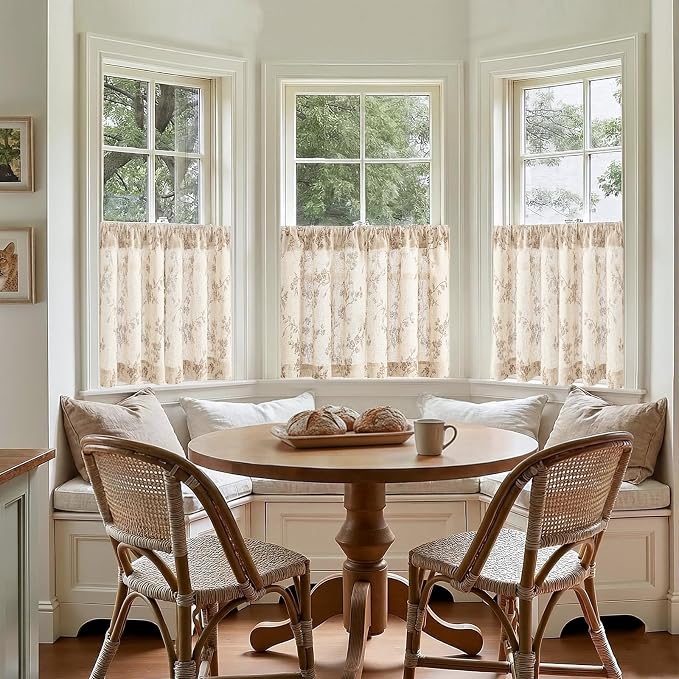 Lazzzy Elisa Floral Kitchen Curtains 24 Inch Linen Cafe Curtains Farmhouse Half Window Drapes Over Sink Light Filtering for Small Windows Rod Pocket Back Tab 2 Panels Taupe on Beige