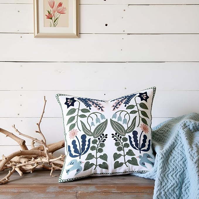 Embroidered Throw Pillow Covers 16x16 Pack of 2 Green Leaves with Birds Floral Tufted Pillowcases Summer Decor Coastal Pillow Cushion Cases Square Navy Blue Flower Pillow Case