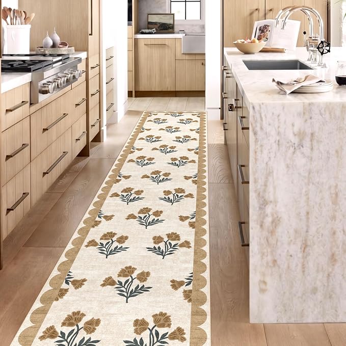 Non Slip Washable Hallway Runner Rug - 2x12 Extra Long Beige Kitchen Runner Rug Soft Boho Runners for Hallways Vintage Floral Scalloped Area Rug for Bedroom Entryway Foyer Stair Runner Decor