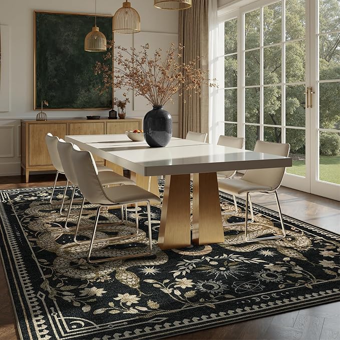 DCX Washable 6x8 Snake Rug, Black Gothic Rug for Living Room, Soft Low Pile Carpet, Kid & Pet Friendly with Rubber Back Non Slip, Stain Resistant Rug for Bedroom Dining Room Office