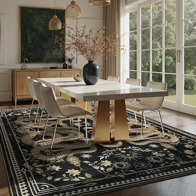 DCX Washable 6x9 Snake Rug, Black Gothic Rug for Living Room, Soft Low Pile Carpet, Kid & Pet Friendly with Rubber Back Non Slip, Stain Resistant Rug for Bedroom Dining Room Office