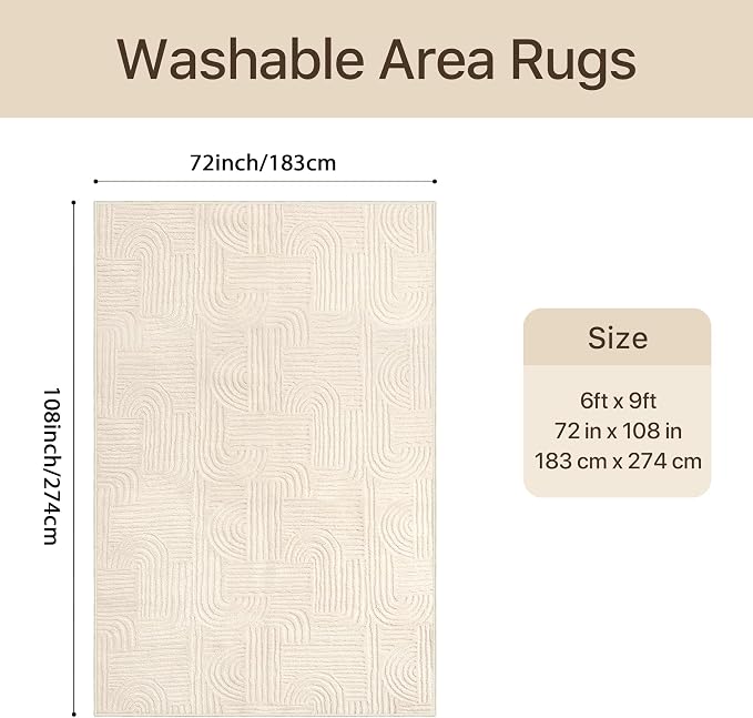 GENIMO Soft Washable Area Rugs 6x9, 3D Modern Arch Pattern Living Room Rug, High-Low Pile Textured Non Slip Fuzzy Carpet, Non-Shedding Stain Resistant Beige Rugs for Bedroom, Dining Room, Nursery