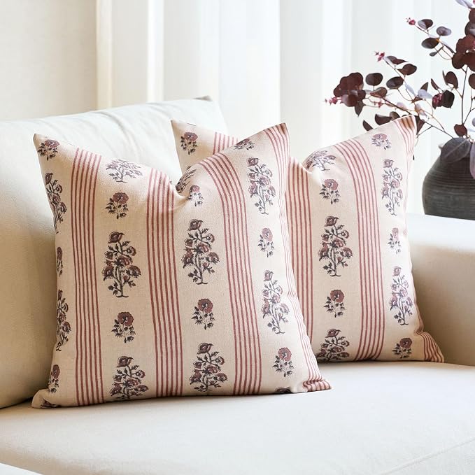 Amor Virisso Floral Throw Pillow Covers 20x20 Set of 2 Block Print Pillow Covers Neutral Floral Striped Farmhouse Decorative Pillow Covers for Sofa Couch Bed, Red