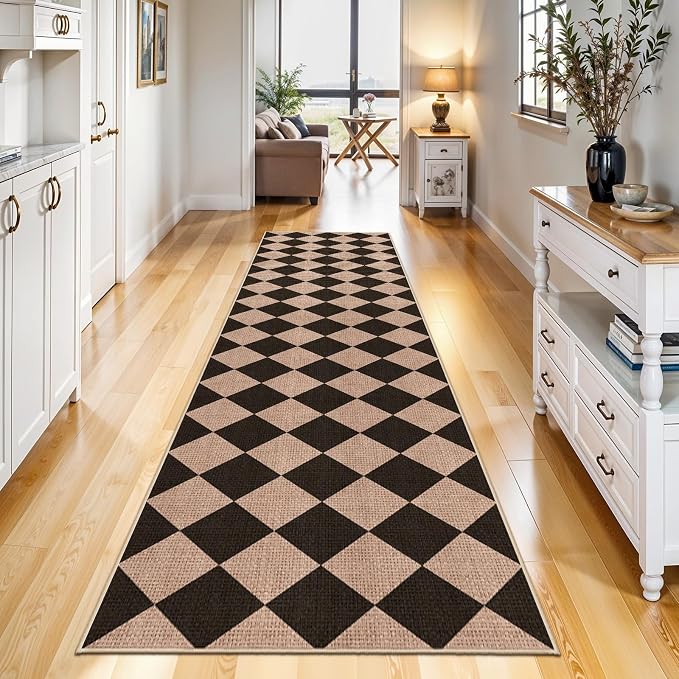 2x8 Checkered Runner Rug Hallway: Washable Faux Jute Indoor Farmhouse Style | Non Slip Backing Narrow Floor Runners Entryway Kitchen Living Room Bedroom Durable Low Pile Textured Carpet (Black/Brown,2x8)