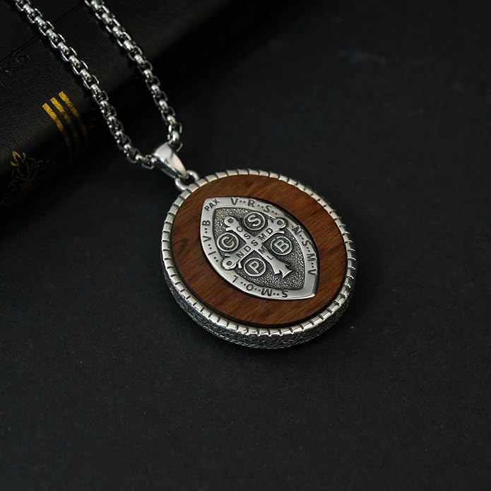 ONEFINITY Wooden Necklace Viking Wolf/St Benedict Medals/St Michael/Crucifix/St Christopher Pendant Necklace for Men Archangel Amulet Wooden Religious Jewelry Gifts for Men Women