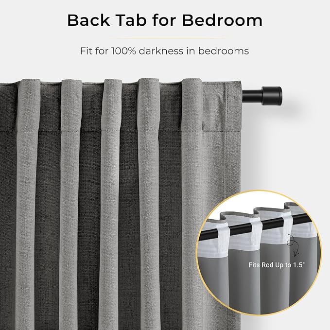 INOVADAY 100% Blackout Curtains for Bedroom, Stoic Gray Black Out Curtains 96 Inch Long, Clip Rings Linen Blackout Drapes, Thermal Insulated Room Darkening for Living Room, 2 Panels - W50xL96