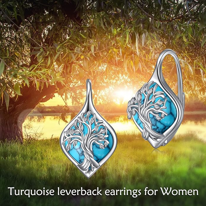 WINNICACA Leverback Earrings for Women 925 Sterling Silver Tree of Life Earrings Dangle Drop Turquoise Moonstone Moss Agate Heart Jewelry Gifts for Women Her Wife Anniversary Birthday Gifts