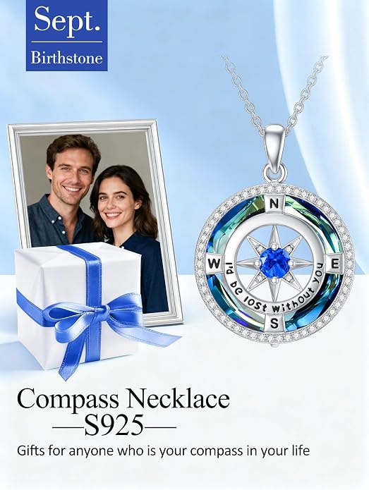 TOUPOP Necklace Gifts for Wife Compass Jewelry Women Anniversary Girlfriend Birthday Gift for Her Valentines I'd be Lost without You Sterling Silver Birthstone Necklaces