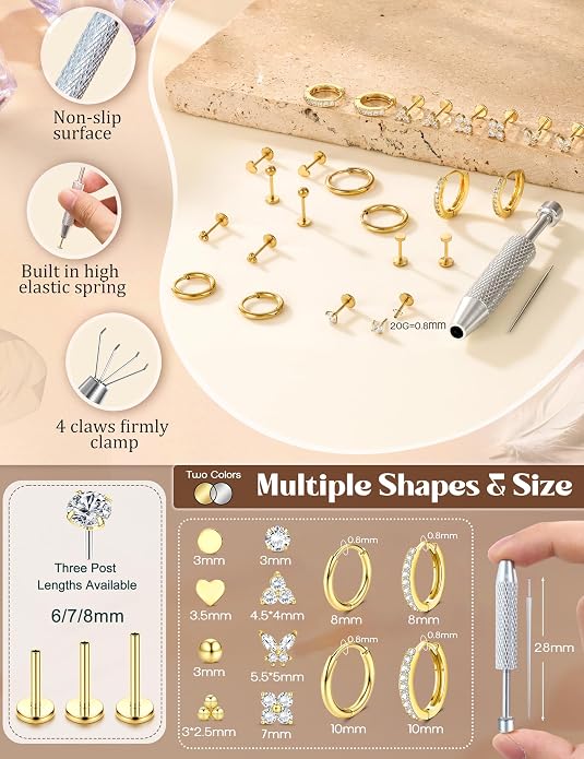 ORAZIO 16G/18G/20G Flat Back Earrings for Women Threadless 316L Surgical Steel Stud Hoop Earrings Push in Nose Studs Hypoallergenic Cartilage Earring Stacks Labret Helix Tragus Conch Piercing Jewelry