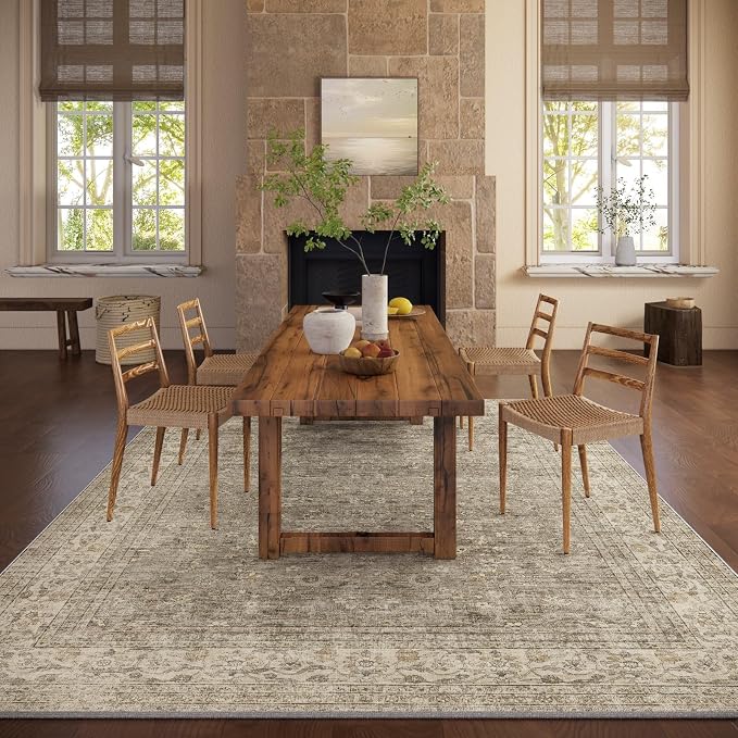 Machine Washable Rugs for Living Room: 9x12 Area Rugs for Bedroom Vintage Stain Resistant Non Slip Low Pile Lightweight Boho Carpet for Kitchen Dining Room Farmhouse Kids Room Nursery
