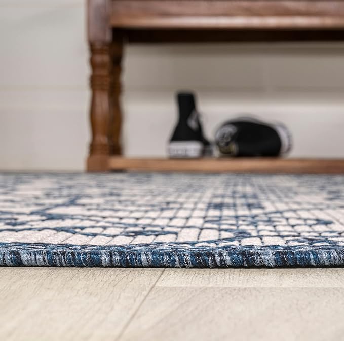 JONATHAN Y Vintage Filigree Indoor Outdoor Area Rug 3X5 Blue/Cream, Madrid Textured Weave for Backyard, Patio, Porch, Easy-Cleaning, High Traffic, Pet-Friendly, Non-Shedding (SMB107F-3)