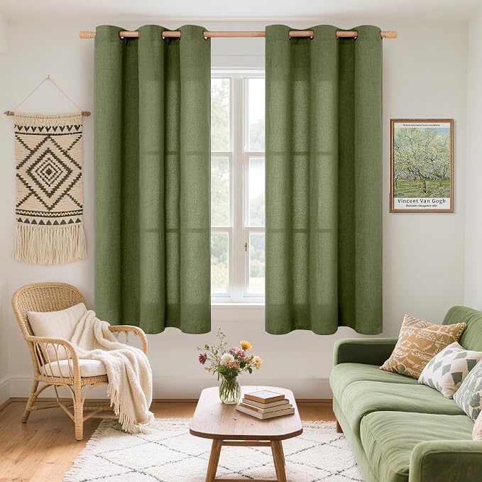 YoungsTex Olive Linen Curtains 45 Inch Length 2 Panels, Dark Green Short Drapes Semi Sheer with Bronze Grommet Light Filtering for Living Room Windows, 42 X 45 Inch