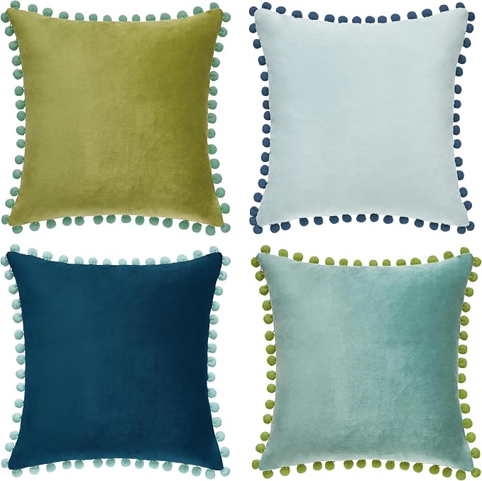 MONDAY MOOSE Decorative Throw Pillow Covers Cushion Cases, Set of 4 Soft Velvet Pom Poms Double-Sided Designs, Mix and Match for Home Decor, Pillow Inserts Not Included (20x20 inch, Green/Blue)