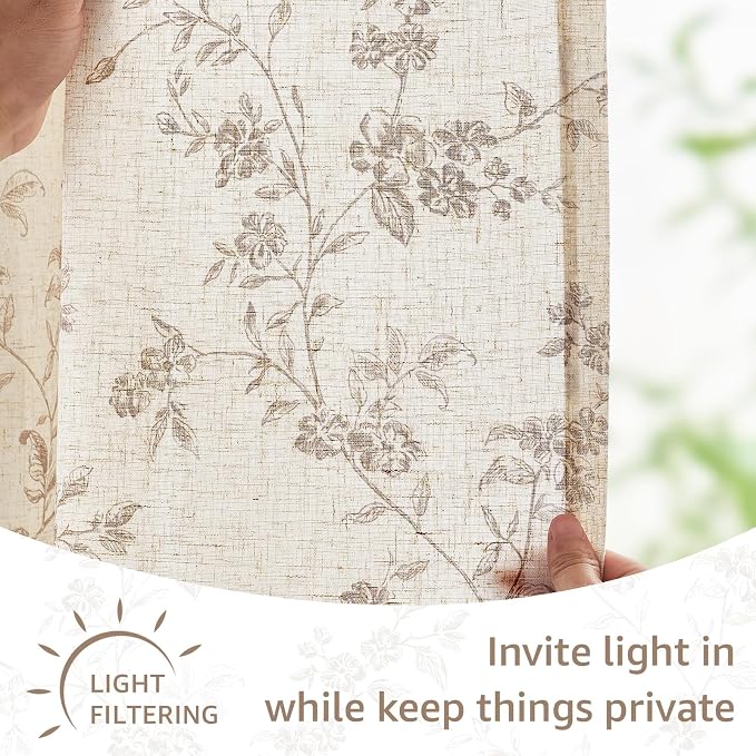 Lazzzy Elisa Floral Kitchen Curtains 36 Inch Linen Cafe Curtains Farmhouse Half Window Drapes Over Sink Light Filtering for Small Windows Rod Pocket Back Tab 2 Panels Taupe on Beige