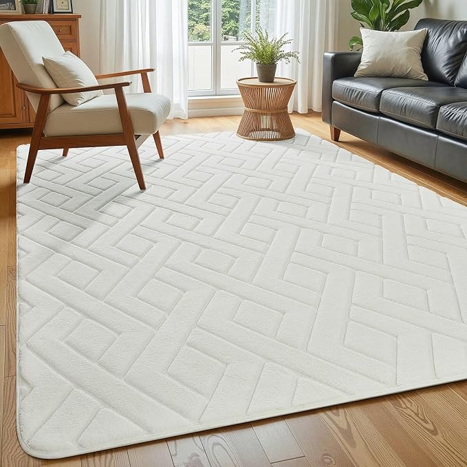 Macgace Ultra Soft Cream White Area Rug for Living Room, 5x7 Modern Geometric Shag Rugs with Nonslip Backing for Bedroom, Washable Fuzzy Carpet for Cozy Kids Girls Room