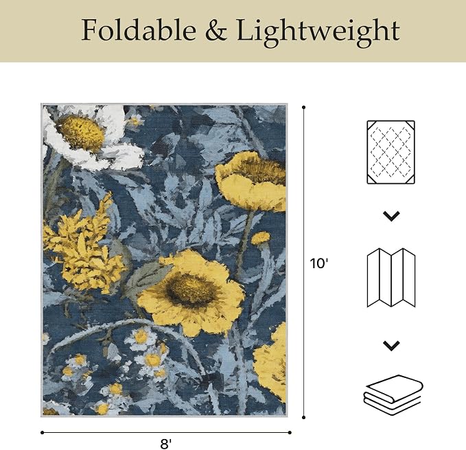 GENIMO 8x10 Outdoor Rug, Washable for Patio and Deck, Navy Yellow | Floral design for backyard; fade resistant chenille with quick-dry non-slip backing for indoor living rooms