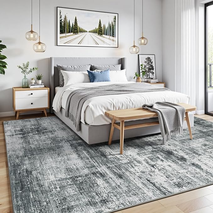Lofus 9x12 Area Rug for Living Room, Grey Abstract Large Rugs with Non-Slip Backing, Neutral Modern Washable Carpet for Bedroom Dining Room Home Office Nursery Indoor